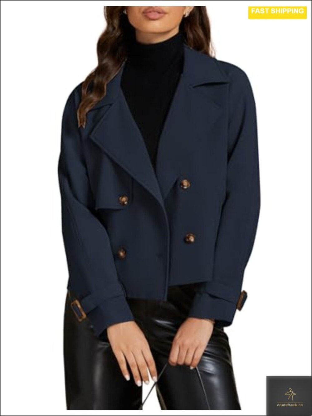 Women Cropped Trench Coat Double Breasted Notched Lapel Loose Fit Jacket w/